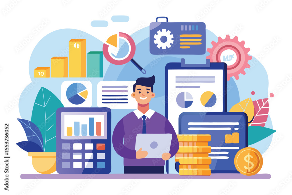 Poster accountants analyze financial data using charts, graphs, and digital tools in a modern business sett