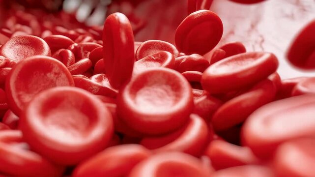 Dense cluster of bright red blood cells flowing in a stream, viewed close up for medical or scientific purposes and representing life