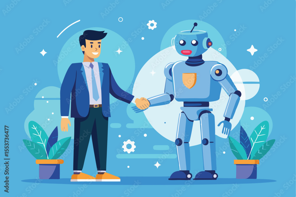 Poster businessman and artificial intelligence robot shake hands in a modern office environment showcasing 