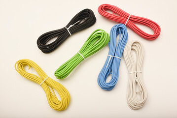 Coils of multicolored wires. Connecting wires for electronics.