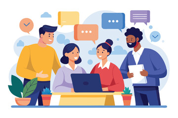 Group members engage in brainstorming session for innovative ideas in a collaborative workspace with shared discussions