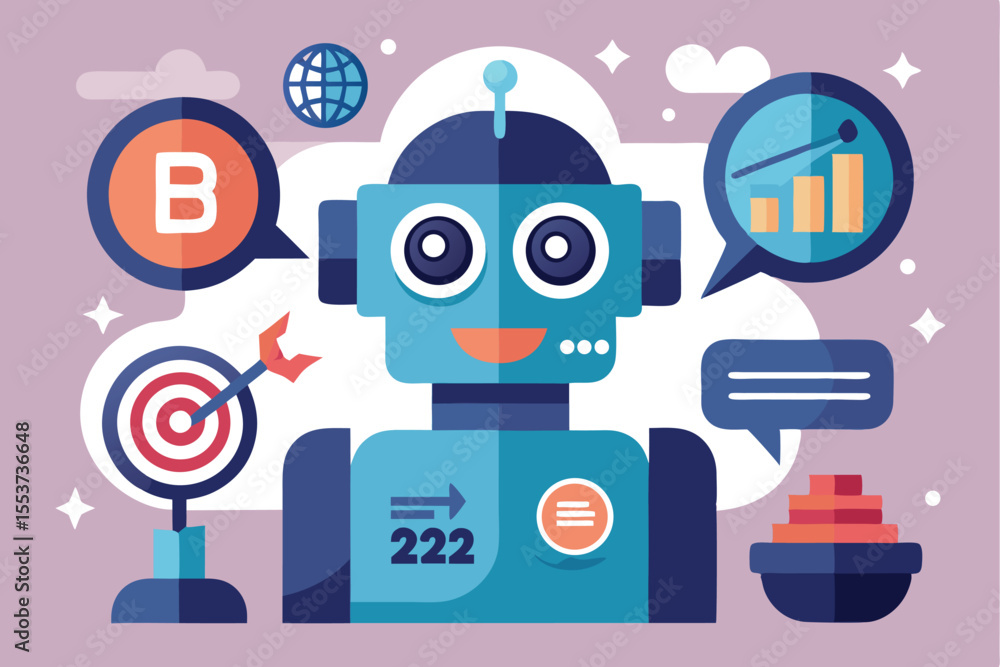 Poster robot head opens to display a speech bubble filled with information