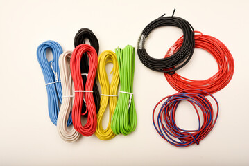 Coils of multicolored wires. Connecting wires for electronics.