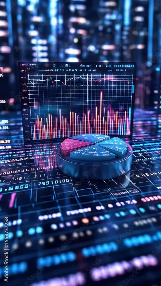 Poster glowing data graphs, pie chart, matrix pattern