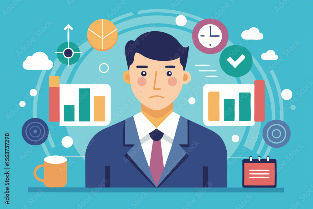 Poster ceo analyzing data and performance metrics in an office environment with visual representations of g