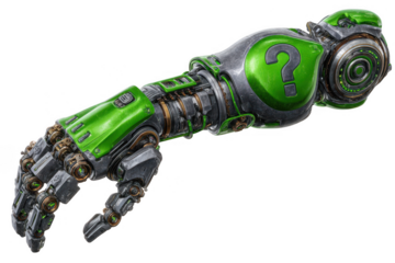 Futuristic green robotic arm with question mark symbol isolated on transparent background