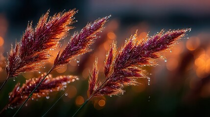   A close-up image of dewy grass blades with water droplets glistening on their leaves, set against a blurred background