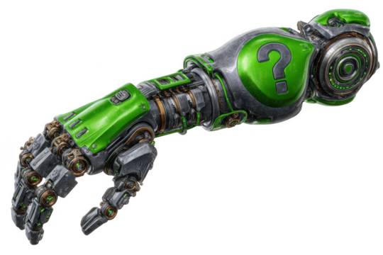 Futuristic green robotic arm with question mark symbol isolated on transparent background - Powered by Adobe