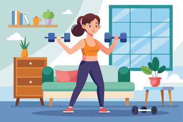 Young woman exercises indoors, lifting dumbbells in a cozy home environment during a workout session