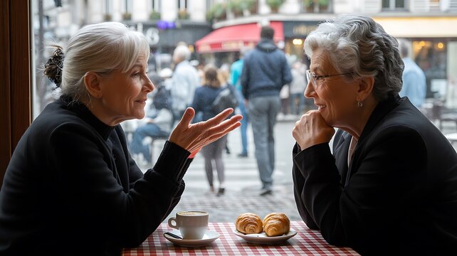 Two senior women enjoying coffee and croissants at a parisian cafe - Powered by Adobe