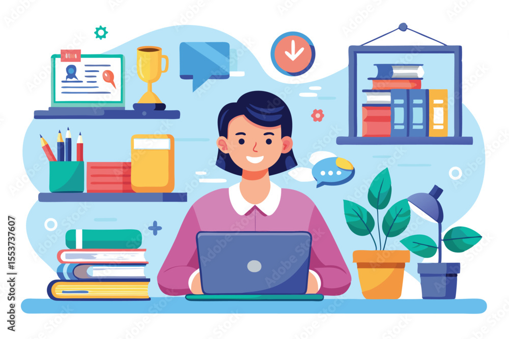 Poster Engaging in an online lecture at a study desk with decorative elements