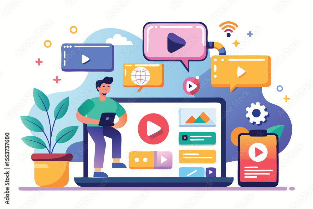 Poster illustration of a person uploading content to a streaming platform with dynamic elements and social 