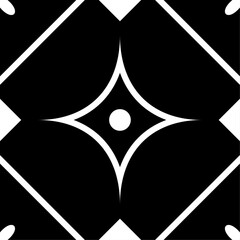 Geometric pattern, black color stylized abstract star and diamond shapes on a square grid design, adorned with a central dot, seamless tile design with dark background.