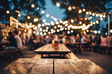 Outdoor patio at night with string lights