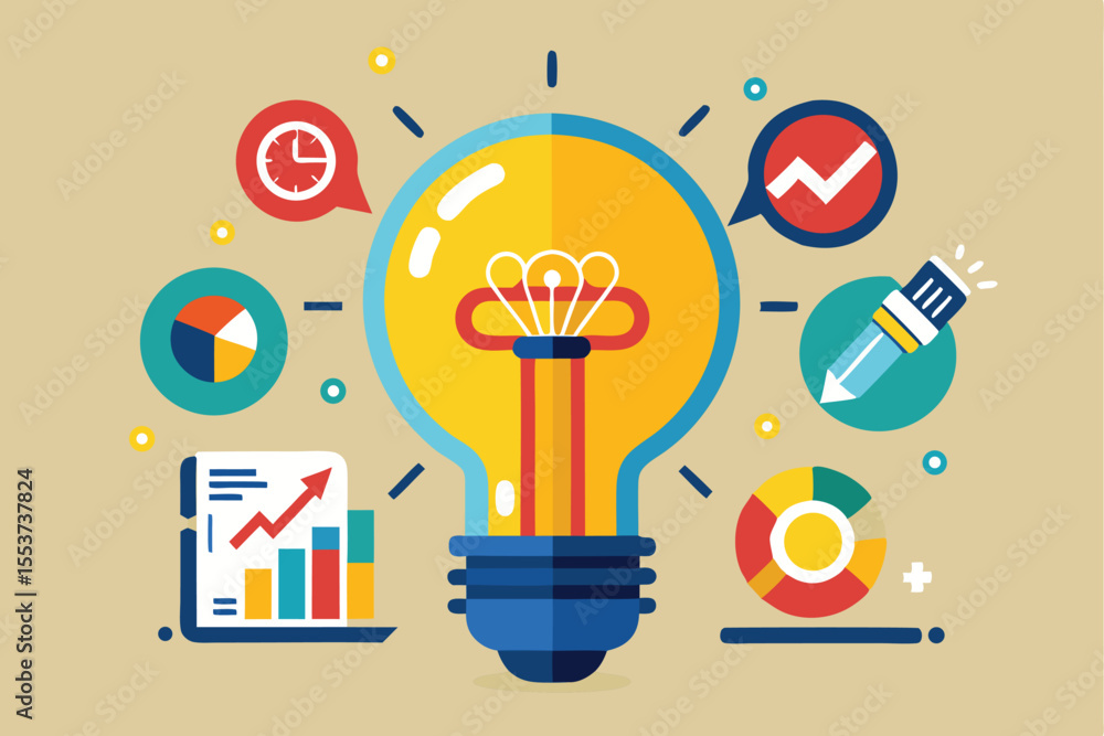 Poster creative project idea presentation featuring a light bulb surrounded by various graphic symbols repr