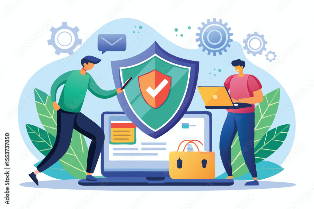 Poster two men protect a computer with a shield while engaged in cybersecurity measures amidst gears and te