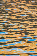 Patterns and shapes of gold and blue reflected on water surface at sunset for background or...