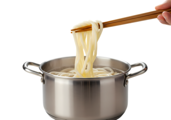 Lifting Udon Noodles from a Simmering Broth isolated on transparent background