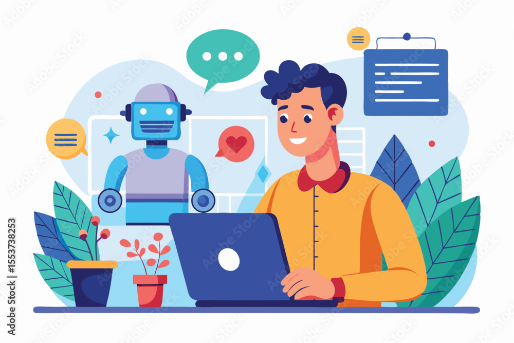 Poster man engaging in chat with artificial intelligence using laptop in a modern workspace filled with pla