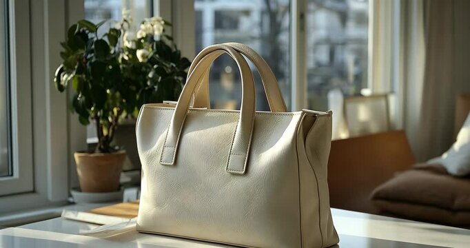 Beige leather handbag placed on a white table near the window.