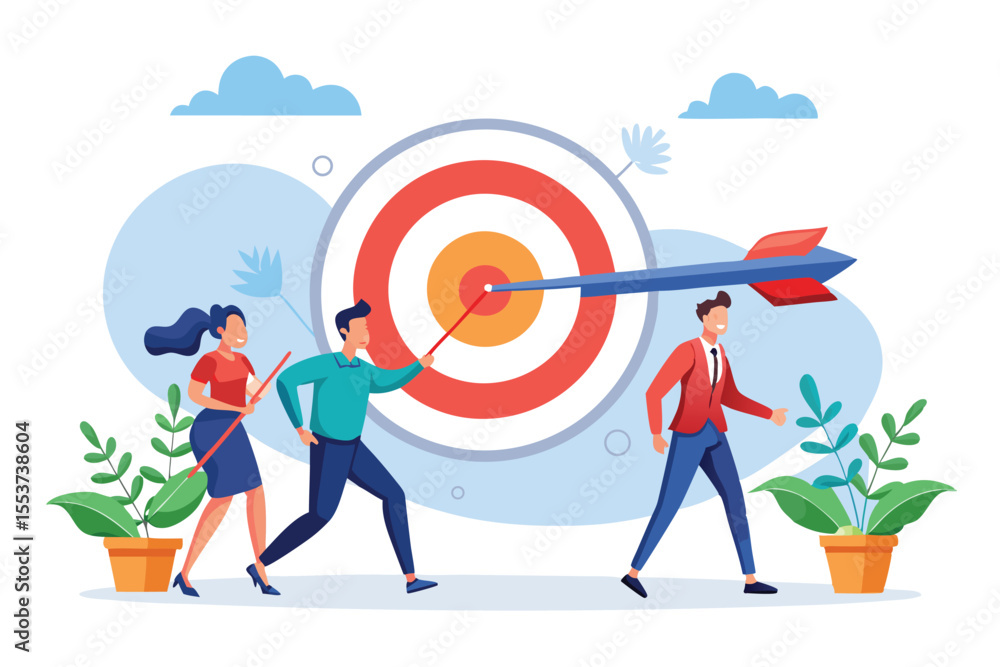 Poster business team collaborates to push giant arrow towards target while showcasing teamwork and determin