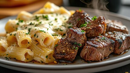 Steaming hot grilled steak tips with creamy parmesan pasta dinner