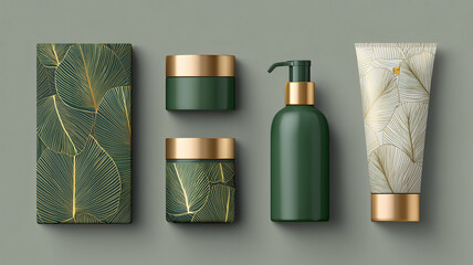 Set of cosmetic box packaging | Green and gold theme 