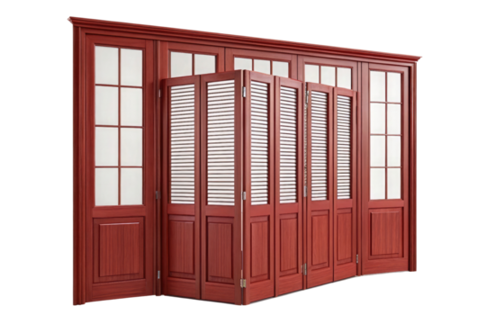 Elegant red wooden folding doors with glass panes and louvered panels isolated on transparent background
