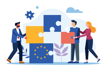 Business professionals collaborating to connect puzzle pieces while representing the European Union flag in a workplace setting during a strategic meeting
