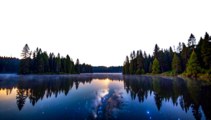 Stunning Night Sky with Milky Way and Stars Reflecting in Quiet Forest Lake
