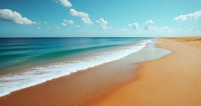 A beautiful beach with turquoise water and white sand. The waves gently roll in as the camera pans across the shore.