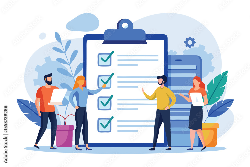 Poster business checklist concept illustrating a team reviewing tasks and collaborating on project manageme