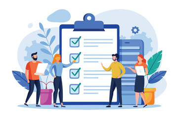 Business checklist concept illustrating a team reviewing tasks and collaborating on project management in a creative workspace with digital tools and greenery