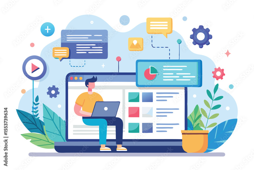 Poster user interface customization programming concept featuring a person working on a laptop in a modern,