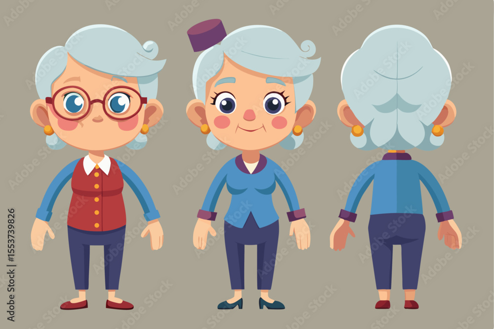 Poster elderly woman character design for animation with front, side, and back views showcasing unique feat