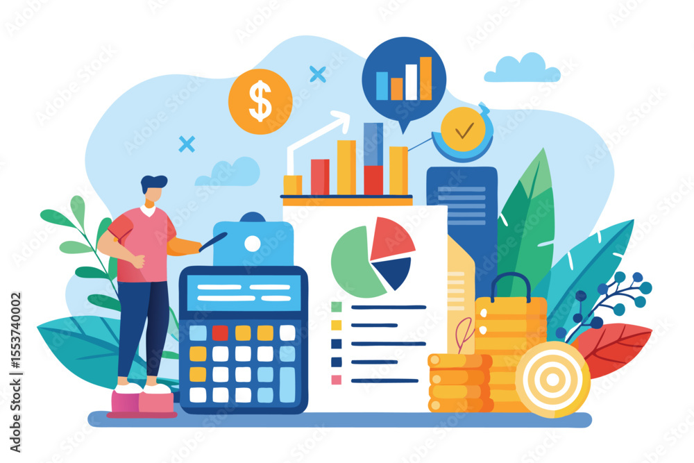 Poster visual representation of accounting and finance concepts with graphs, charts, and a calculator illus