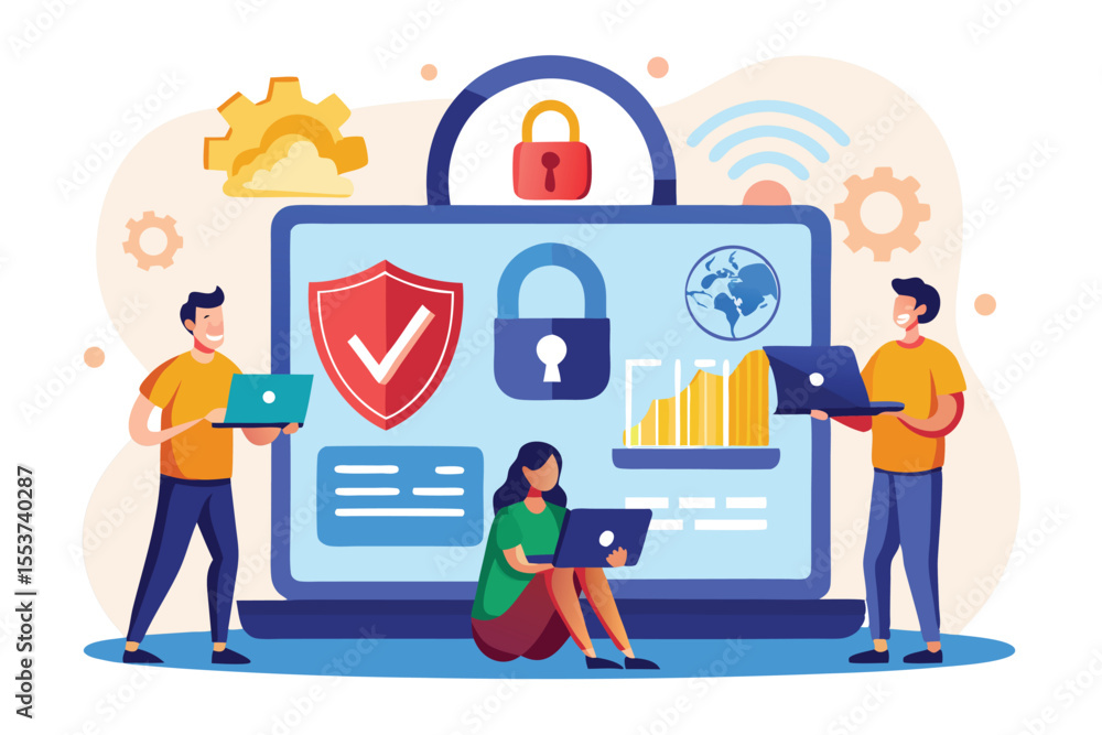 Poster examining computer security measures with focus on padlock symbol and data protection in a collabora