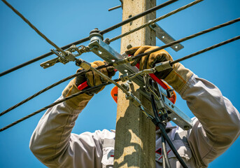 Male electrician using pliers to adjust electric cable on power pole. Utility worker wearing gloves fixing communication wire. Blue sky background concept.