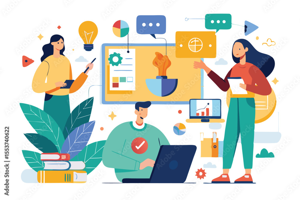 Poster creative brainstorming process in a modern workspace with diverse individuals sketching ideas and us