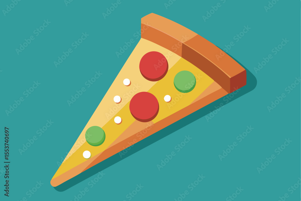 Poster flat pizza slice with geometric toppings in simple colors displayed on a teal background in a modern
