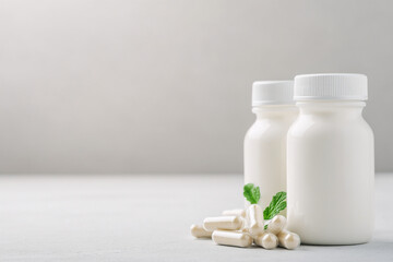 Bottles of white milk yogurt (kefir) and capsules with probiotic on a light background. The concept of an alternative to pills and a healthy diet