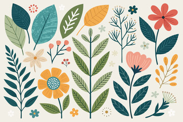 
Abstract botanical collage with colorful hand-drawn flowers and leaves seamless vector floral pattern in modern minimalist style, Vector modern graphic illustration of colorful flowers and leaves

