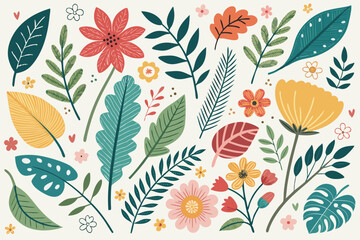 
Abstract botanical collage with colorful hand-drawn flowers and leaves seamless vector floral pattern in modern minimalist style, Vector modern graphic illustration of colorful flowers and leaves

