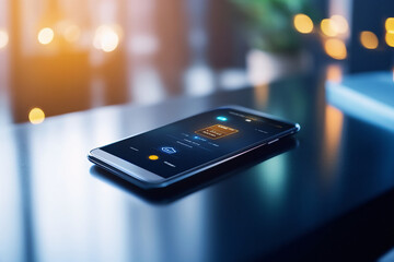 Close-up of a smartphone displaying a digital wallet app, placed on a sleek black table