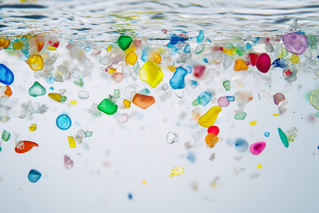 Close-up of colorful microplastic particles scattered on a white surface