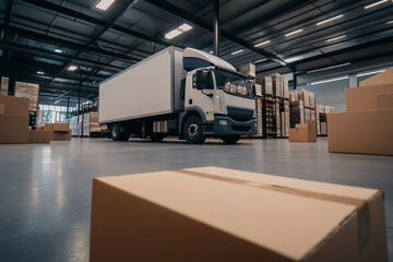 A truck unloads boxes in a warehouse, demonstrating logistics and transportation operations