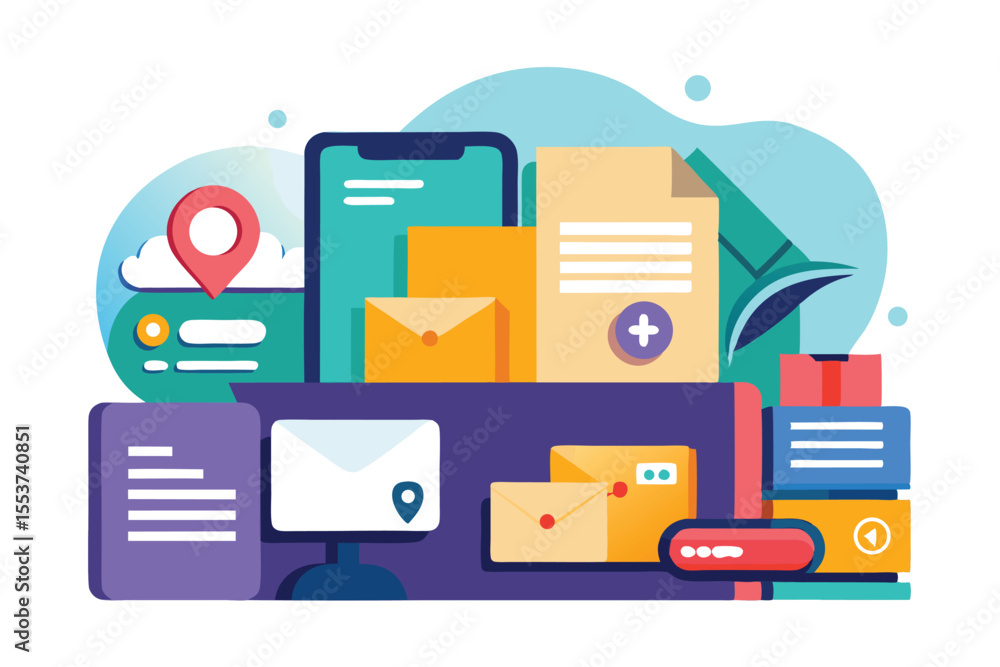Aufkleber creative flat illustration representing delivery, file management, and digital communication in a mo
