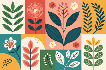 
Abstract botanical collage with colorful hand-drawn flowers and leaves seamless vector floral pattern in modern minimalist style, Vector modern graphic illustration of colorful flowers and leaves

