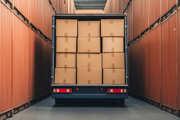 A truck with many boxes of merchandise, stands in front of the warehouse