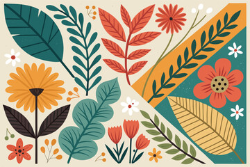 
Abstract botanical collage with colorful hand-drawn flowers and leaves seamless vector floral pattern in modern minimalist style, Vector modern graphic illustration of colorful flowers and leaves

